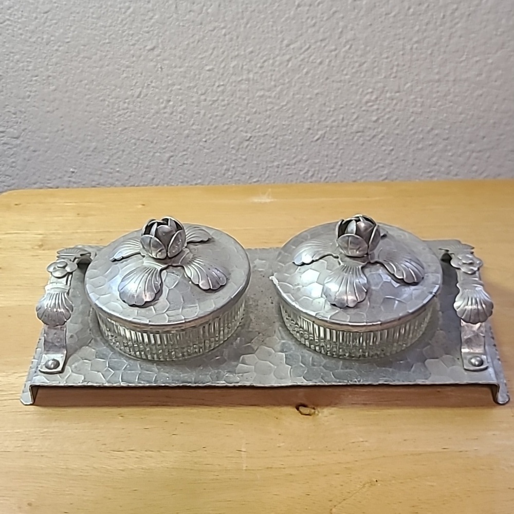 Vintage Mid Century Hand Wrought Metal Footed Condiment Tray 1950s